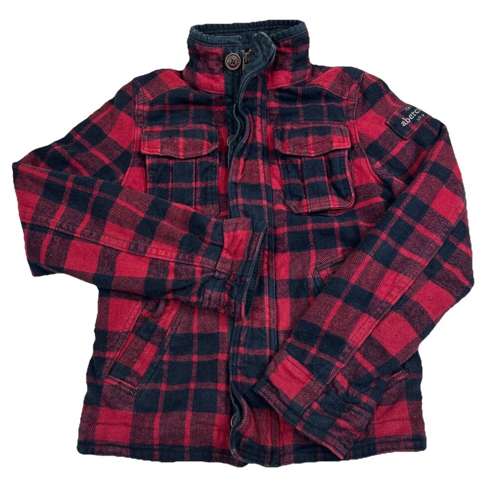 Abercrombie & Fitch Kids M Flannel Jacket Coat Youth Red Navy Buffalo Plaid
